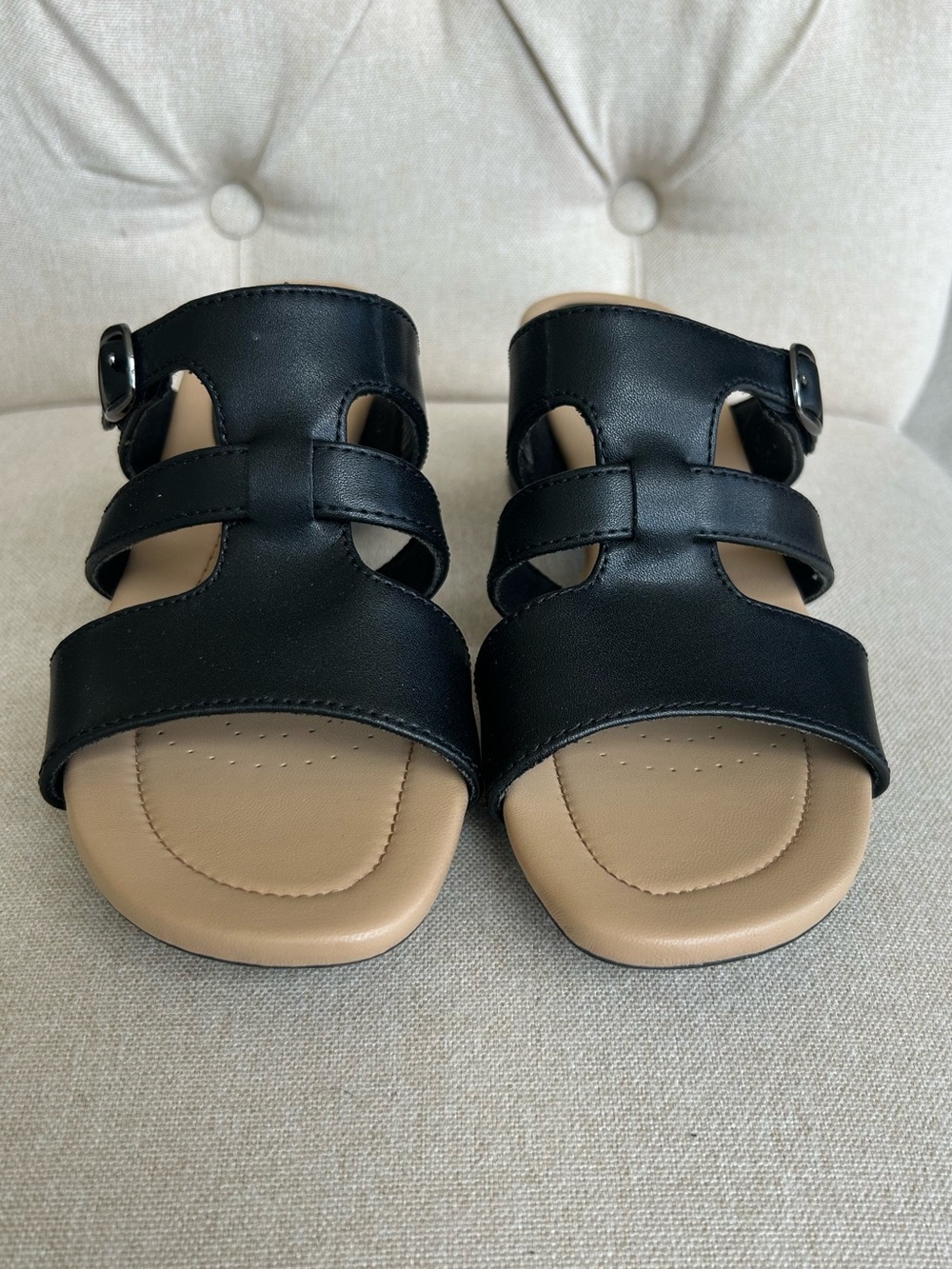 Clarks Black Leather Strappy Low Heel Sandals - Picture 2 of 9